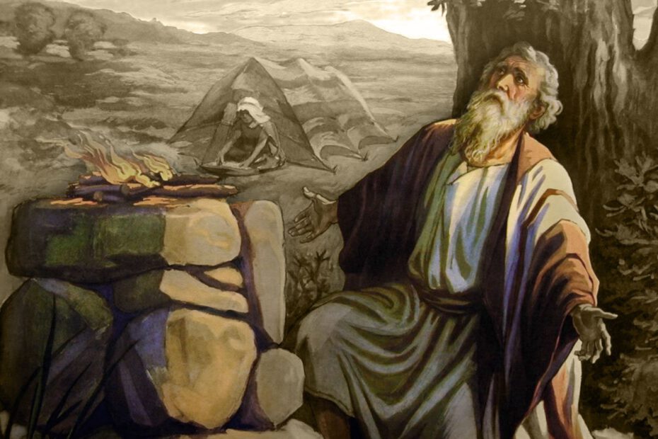 Abraham's voorbereiding om zijn zoon Izaäk te offeren op een altaar (ca. 2000 v.Chr.)